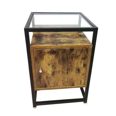 China ZJH Industrial Vintage Metal Bedside Table Side Table Durable Nightstand Wooden With Tempered Glass for sale