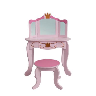 China ZJH Fashion Durable Kids Make Up Wooden Dresser Table Vanity Dressing Table With Mirror And Stool Set for sale