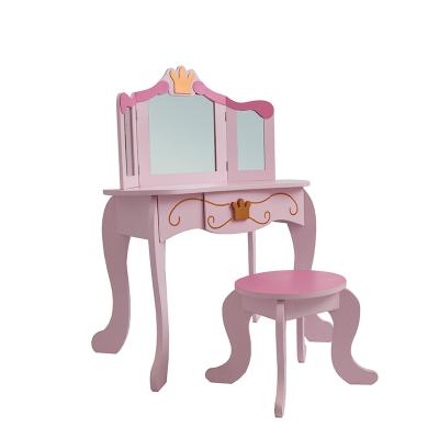 China ZJH Removable Child Dressing Table Makeup Vanity Set with Rotatable Mirror and Cushioned Stool for sale