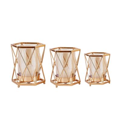 China Small modern geometric hexagonal gold glass candle holder for sale