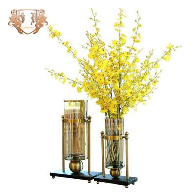 China Modern Tumbler Shape Unbreakable Metal Stands Single Color Glass Vase for sale