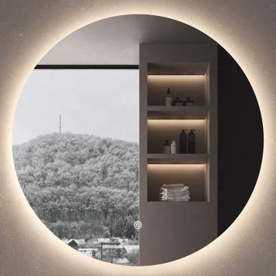 China Widely Used Bathroom Minimalist Washroom Round Shape BULUCE 3000K Dressing Room Light Source Makeup LED Backlit Mirror for sale