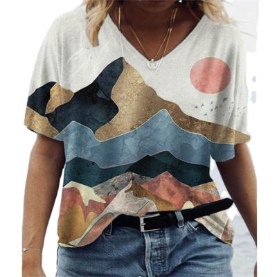 China Wholesale Mountain Tree Anti-wrinkle Amazon Ladies Printing Natural V-neck Tops Casual T-shirt Fashion Shorts Quick Dry Sleeve T-shirts for sale