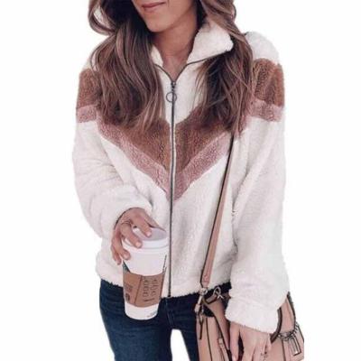 China Anti-wrinkle 2021 autumn and winter European and American women's new plush and American women's sweater zipper cardigan contrast color tweed coat for sale