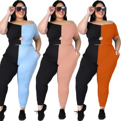 China Breathable HY004 2021 hot sale plus size XL-4XL women patchwork short sleeve 2 piece panties set summer women clothing for sale