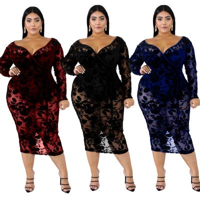 China JD6047 African women's long sleeve v-chest breathable fat women's tall flocking slim dress 6xl for sale