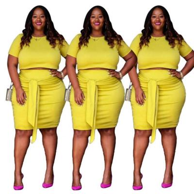 China S6296 XL-5XL 2 PCs Fashion Solid Color Anti-Static African T-shirts Set With Plus Size Knit Dress for sale