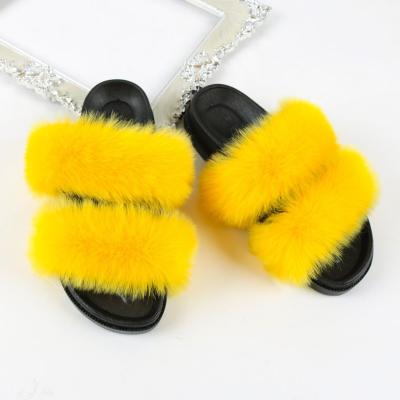 China Natural Faux Fur Slides Flip Flop Slippers Shoes Non Breathable Premium Quality Faux Fur 2 Strap Casual Slides For Women for sale