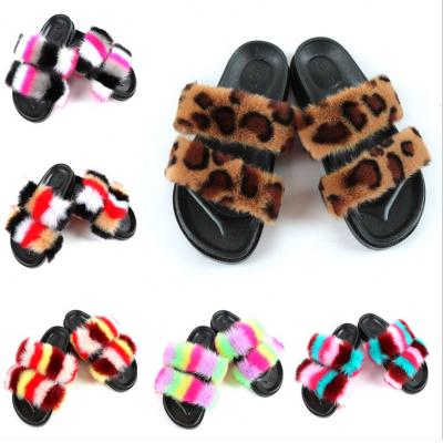 China 2020 Fox Fur Slippers Warm Faux Fur Slide Sandals Lightweight Custom Women Fashion Two Band Strap Fur Slides for sale