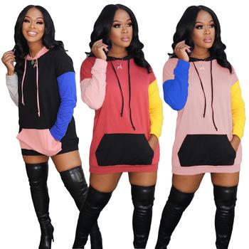 China M7418 2021 New Arrivals Women T-shirt Breathable Hoodies Sheath Long Mini Dress Women's Streetwear Patchwork Hooded Dress For Women for sale