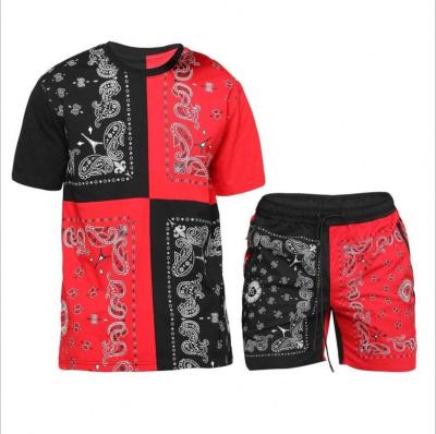 China Latest 2021 Summer 3colors Men's Clothing Breathable T-shirt With Shorts Patchwork Bandana Two Piece Outfit 2 Piece Short Set for sale