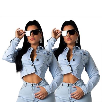 China Anti-wrinkle European and American color plus size women's washed backless buckle denim jacket for women for sale