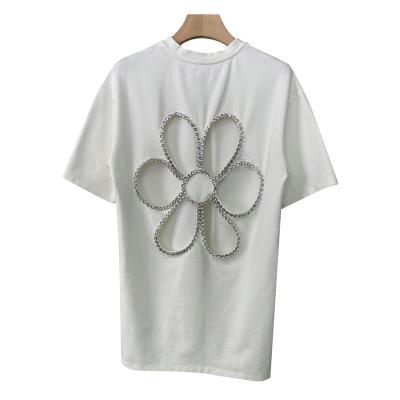 China CHICEVER Solid Sleeve Half Cavity Diamond Women Back Patchwork Flower O Neck Breathable T-Shirt for sale