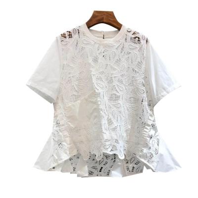 China CHICEVER Breathable Simple Patchwork Lace Up O Neck Short Sleeve Irregular Edge Casual Women's T-Shirts for sale