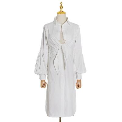 China CHICEVER Breathable Plain Fascinated Sexy Turn-Down V-Neck Lantern Sleeve Midi Ruched Casual Shirt for sale