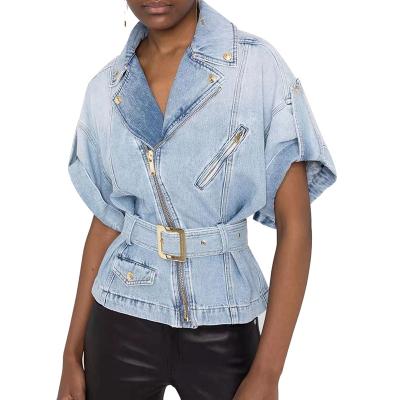 China CHICEVER viable notched lapel shorts sleeve slash fly belt casual high street denim jacket for sale