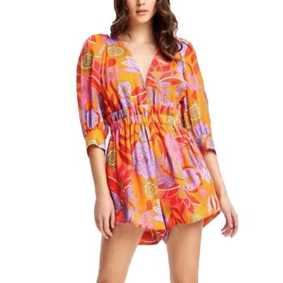 China CHICEVER Breathable V-Neck Lantern Sleeve High Waist Bubble Slim Flower Print Sexy Playsuits Shorts for sale