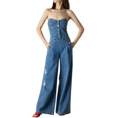 China Denim Wide Leg Loose Waist Breathable High Leg Women's Casual Strapless Sleeveless Overalls for sale