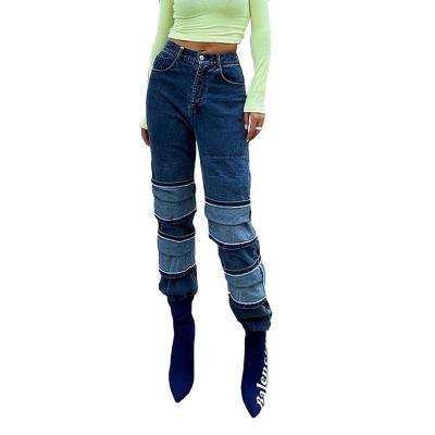 China CHICEVER viable casual denim waist patchwork high waisted hit color casual loose jeans for female for sale