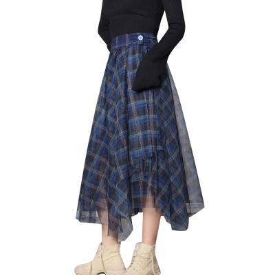 China CHICEVER Vintage Breathable Plaid Skirts For Women High Waist Patchwork Mesh Irregular Ruched Skirt Fashion Clothing for sale