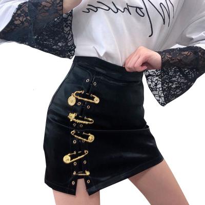 China CHICEVER Breathable Patchwork Asymmetrical High Waist Pins PU Leather Casual Mini Skirt for sale