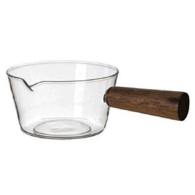 China High Quality Sustainable High Borosilicate Glass With Wooden Handle Home Kitchen Cooking Milk Pan Pot Cookware Glass Pot for sale