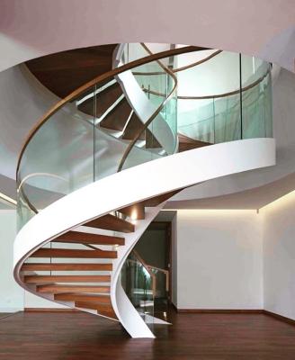 China Modern Modern Curved Stairs Steel Structure Staircase With Glass Enclosure Wood Tread Customized Size for sale