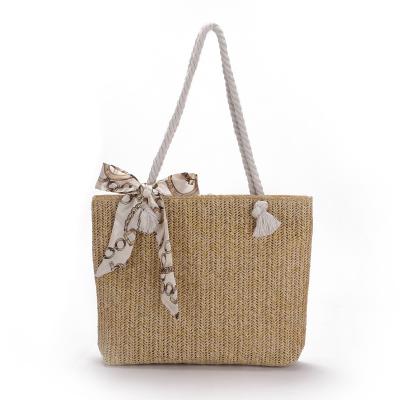 China Beach Vacation Summer Beach Large Woven Beach Bags Straw Bag Handmade Weaving Shoulder Tote Bag Handbag With Scarf for sale