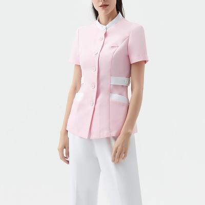 China Anti-wrinkle Hospital Fabric Soft Exhaust Spring Woven Custom Fitted Female Pink Nurse Uniform Medical Clothing for sale