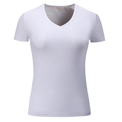 China Wholesale Anti Shrink Tees 200g Female White Combed Cotton T-shirts Womens Custom V Neck for sale