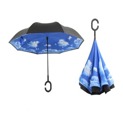 China Modern Upside Down Reverse Umbrella C-Handle Double Layer Inside-Out Windproof Te koop