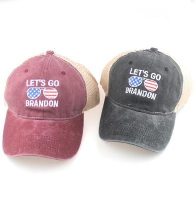 China New Arrival Let'S Go Cotton Mesh Hat  Brandon Trucker Hat Mesh Cap With Embroidered Logo Te koop