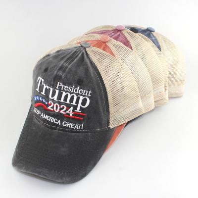 China Embroidery Donald Trump 2024 MAGA Trucker Cap Washed Cotton Mesh Hat Embroidered for sale