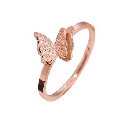 China Personality INS CLASSIC Japanese and Korean Single Wind Frosted 18k Antifading Rose Gold Butterfly Stainless Steel Ring for sale