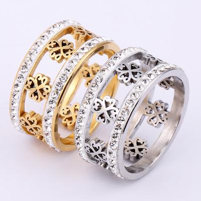 China Best Selling CLASSIC Four Leaf Clover Pattern Stainless Steel Jewelry With Diamond Titanium Steel Ring for sale