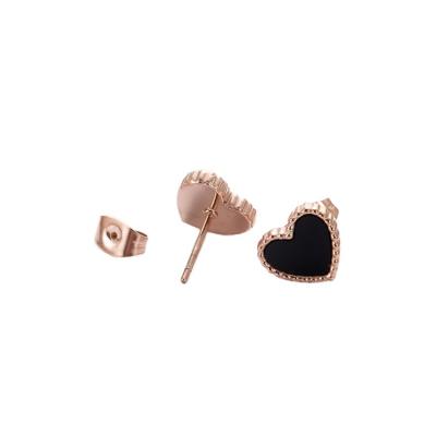 China Long Color Keeping Korean Fashion New Style Titanium Black Face Peach Heart Stainless Steel Couples Earrings 18k Gold Plated for sale