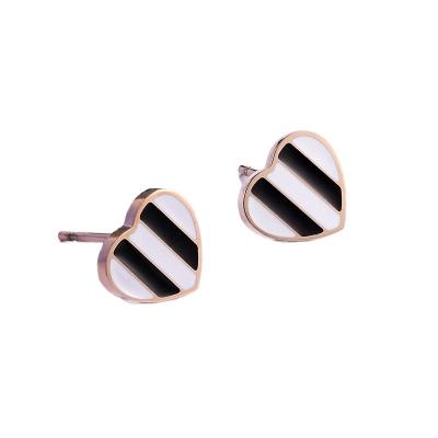 China Long color keeping simple Japanese and Korean fashion wholesale rose gold peach black and white striped heart titanium steel earrings for sale