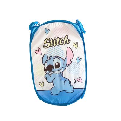 China Cartoon Stitch Folding Clothes Hamper Dustproof Convenient Portable Folding Household Storage Basket for sale