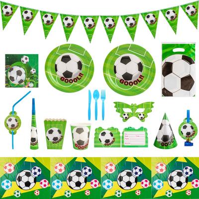 China Activity Decoration Etc 10 Guests 16 Piece Set Football Theme Kids Birthday Party Decorative Banner Disposable Paper Tableware Set for sale