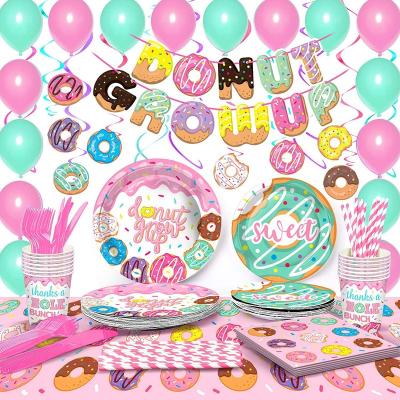 China Activity Decoration Etc In Stock donuts pink dessert girl party paper cup paper plate tableware set party birthday decoration for sale