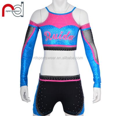 China Blue Rhinestones Teamwear Cheerleading cheer uniform with crystal rhinestooutfits kid cheerleading uniform with skirt shorts for sale