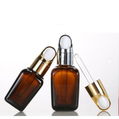 China Eco-friendly Recyclable Empty Cosmetic Packaging OEM Serum Brown Square Glass Dropper Bottle Of Essential Oil For Skin Care for sale