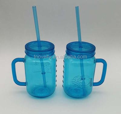 China Saft Sustainable Beverage Food Plastic PS Mason Jar with hanld,straw and lid for food for sale