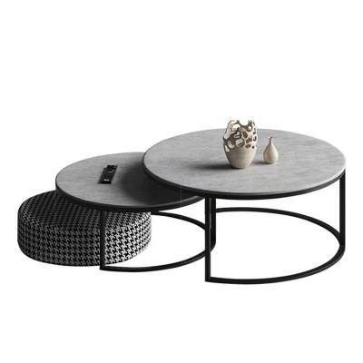 China (Other) Nordic Coffee Table Adjustable Round Top Modern Minimalist Living Room Furniture Marble Coffee Table Set With Stool Black Metal Frame for sale