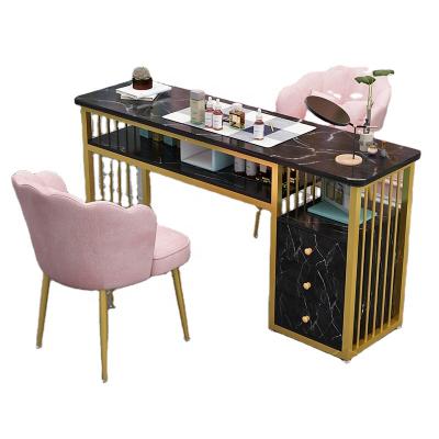 China (Other) Nordic adjustable iron and marble nail table tops nail table chair set and chair set modern design luxury square nail living room furniture for sale