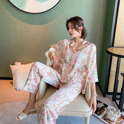 China New Arrival QUICK DRY Women's Floral Print Silk Pajamas Short Long Pants Two Piece Sleepwear Sets for sale