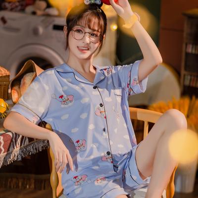 China Ladies QUICK DRY summer silk pajamas short sleeve animal print cartoon pajamas sleepwear casual home wear for sale