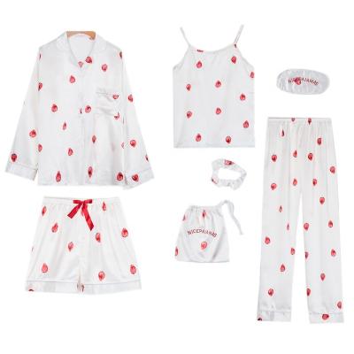 China QUICK DRY Women's 7pcs Cami Printed Strawberry Pajamas Sets 7 Piece Pajamas Sets Women Ladies Summer Silk Nightgown Pajamas Sleepwear for sale