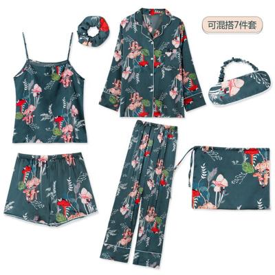 China QUICK DRY Silk Robe Silk Robe Set Women's Satin Pajamas Sleepwear 7pcs Pajamas Set Cami Pjs With Shirt And Eye Mask for sale