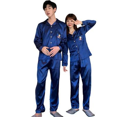 China QUICK DRY Couples Relieve Luxury Silk Button Long Sleeve Solid Color Long Pants Pajamas Set for sale